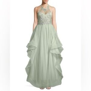 Sequin Hearts Embroidered Halter Gown Mint Sage Size 10 Womens (Size 11 Juniors)